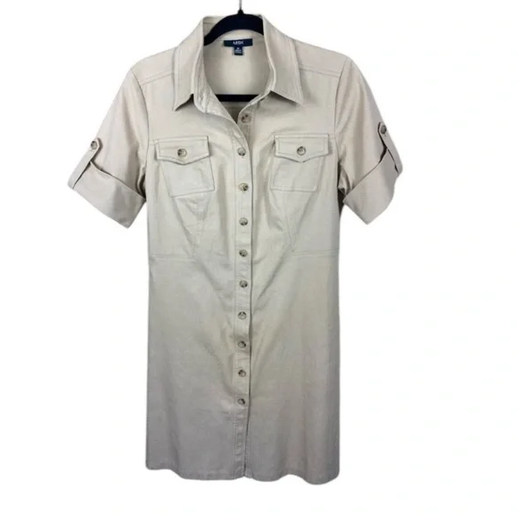MSK Tan Button-Up Short Sleeve Shirt Cotton Dress Sz M - Picture 4 of 13
